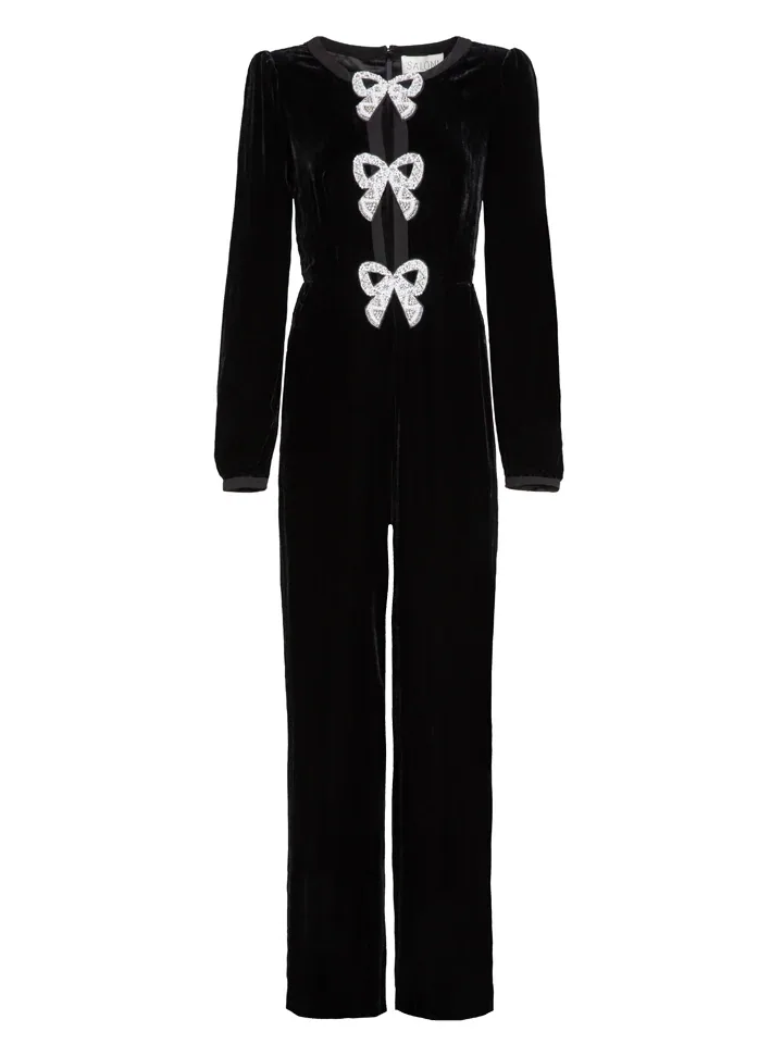 Camille Velvet Embellished Bows Jumpsuit in Black — Saloni