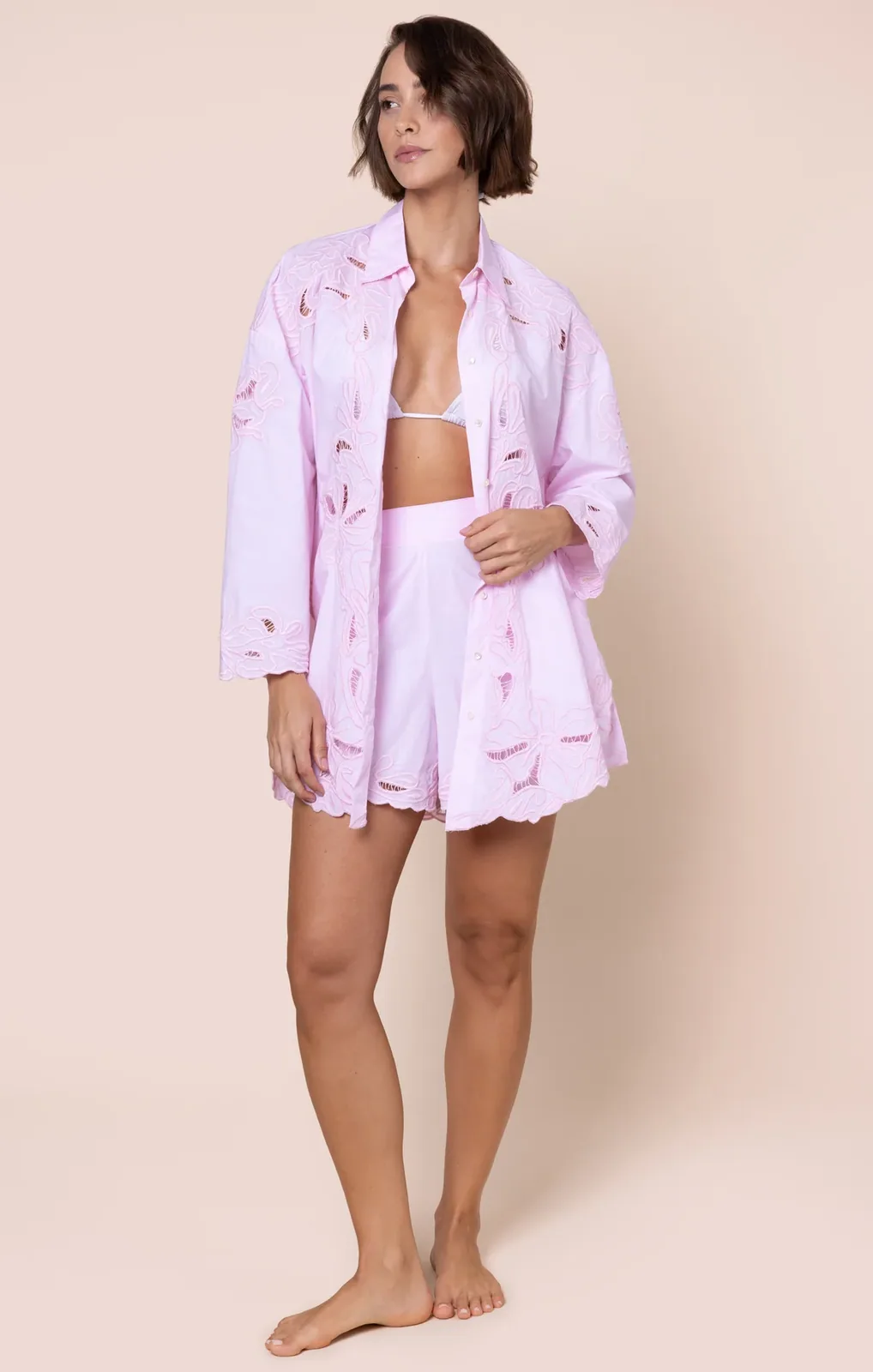 Petal Pink Poplin Cut Out Embroidery Beach Shirt — Juliet Dunn