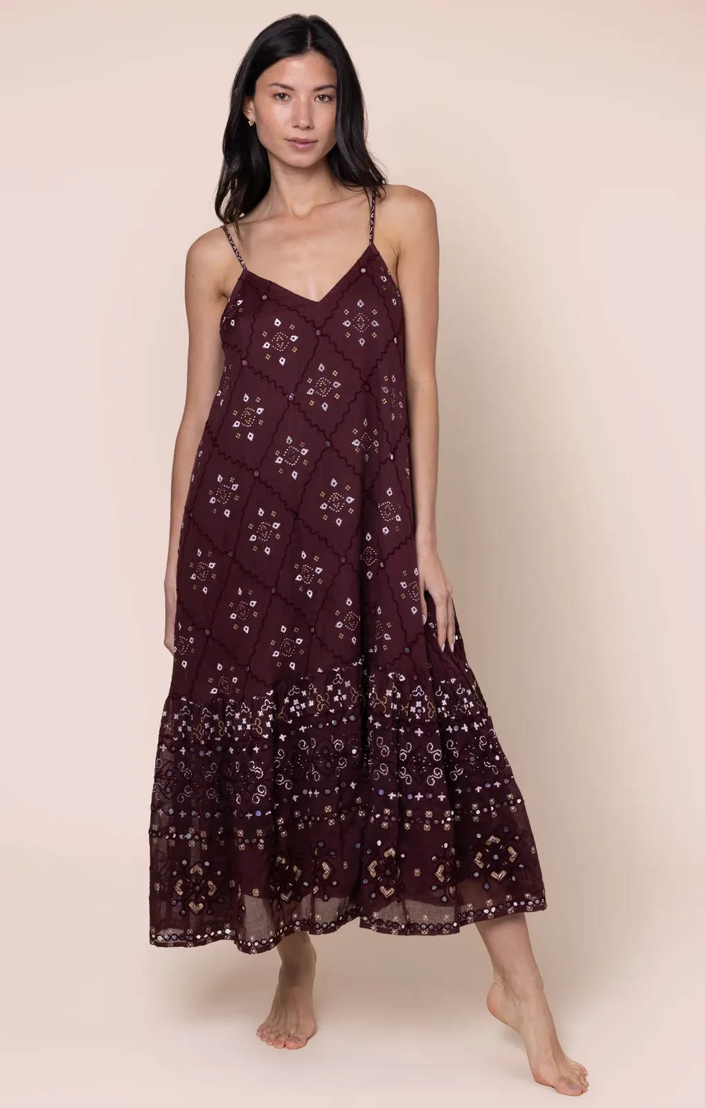 Black Cherry Mosaic Print V-Neck Midi Dress — Juliet Dunn