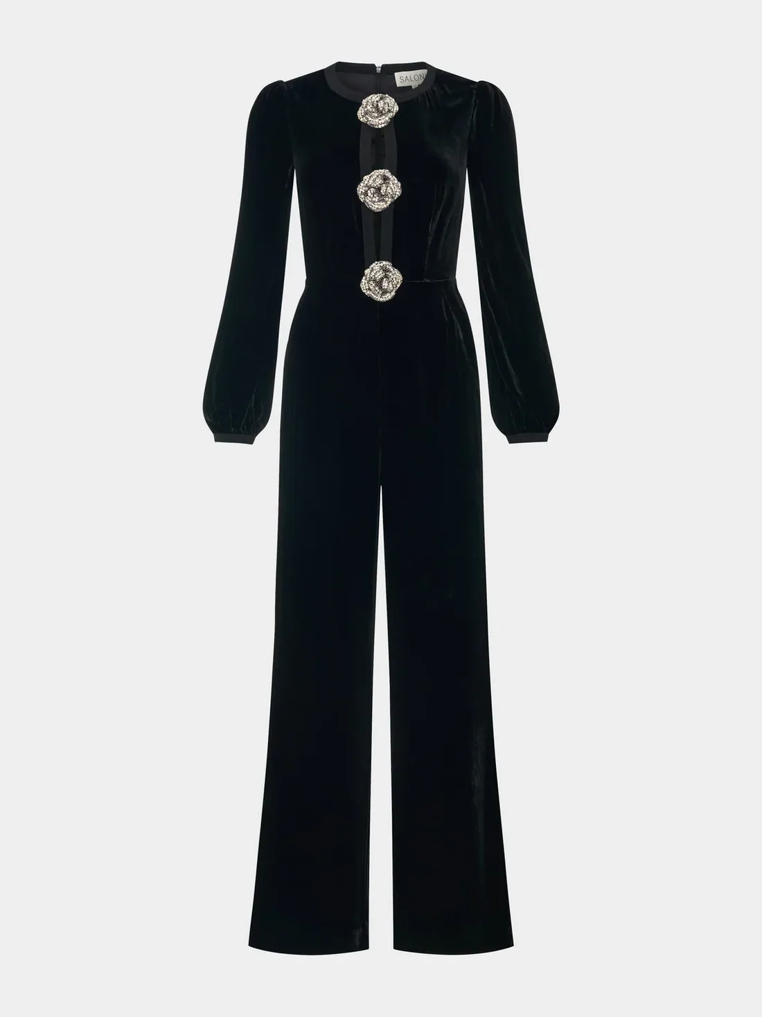Camille Bows Jumpsuit in Black Crystal Rose — Saloni