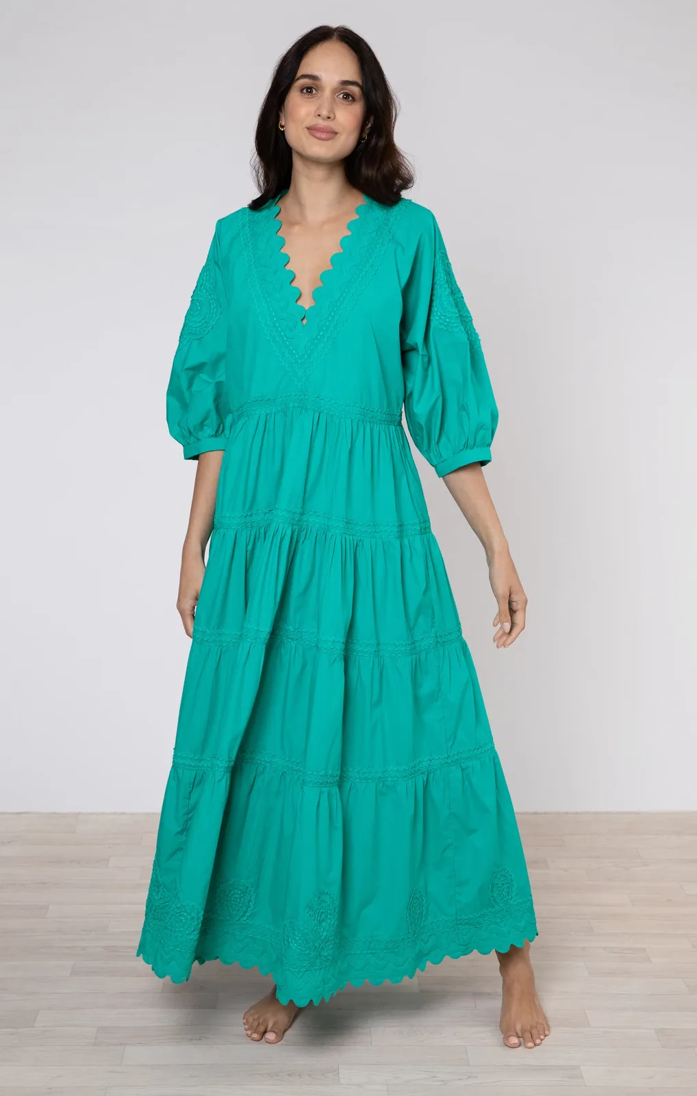 Jade Poplin V-Neck Loose Maxi Dress with Ric Rac Embroidery — Juliet Dunn