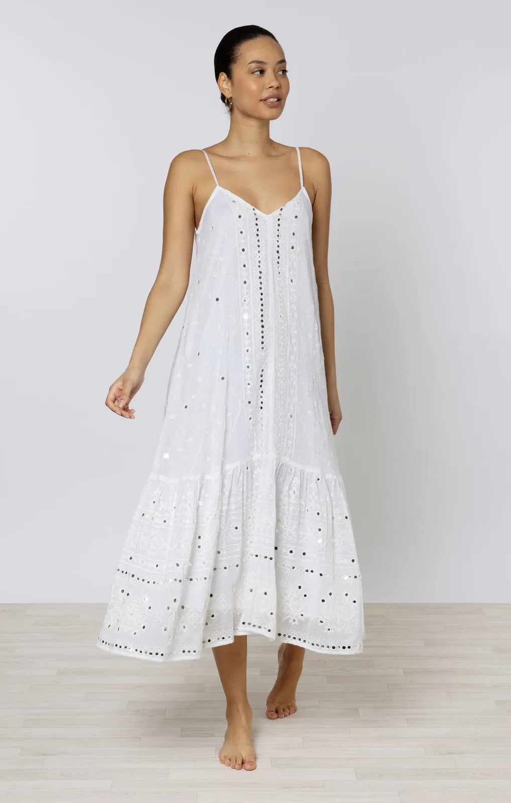 White Riad Print V Neck Midi Dress with Mirrors — Juliet Dunn