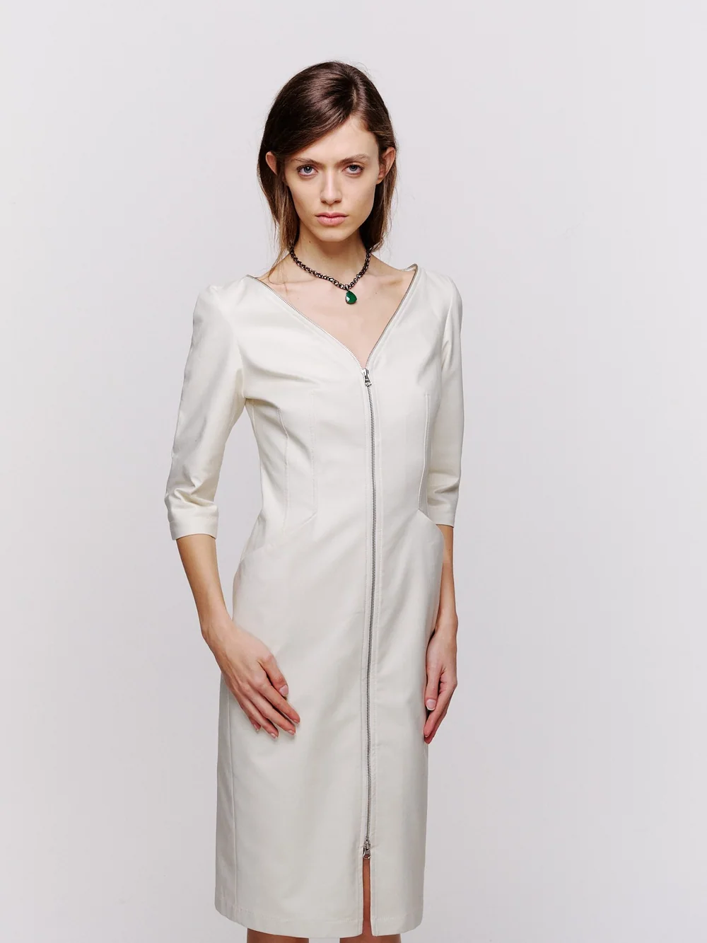 Vestido Midi M/C Decote V Zíper — Reinaldo Lourenço