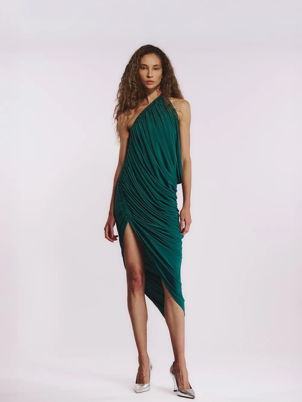 Vestido Midi um Ombro Franzido — Reinaldo Lourenço