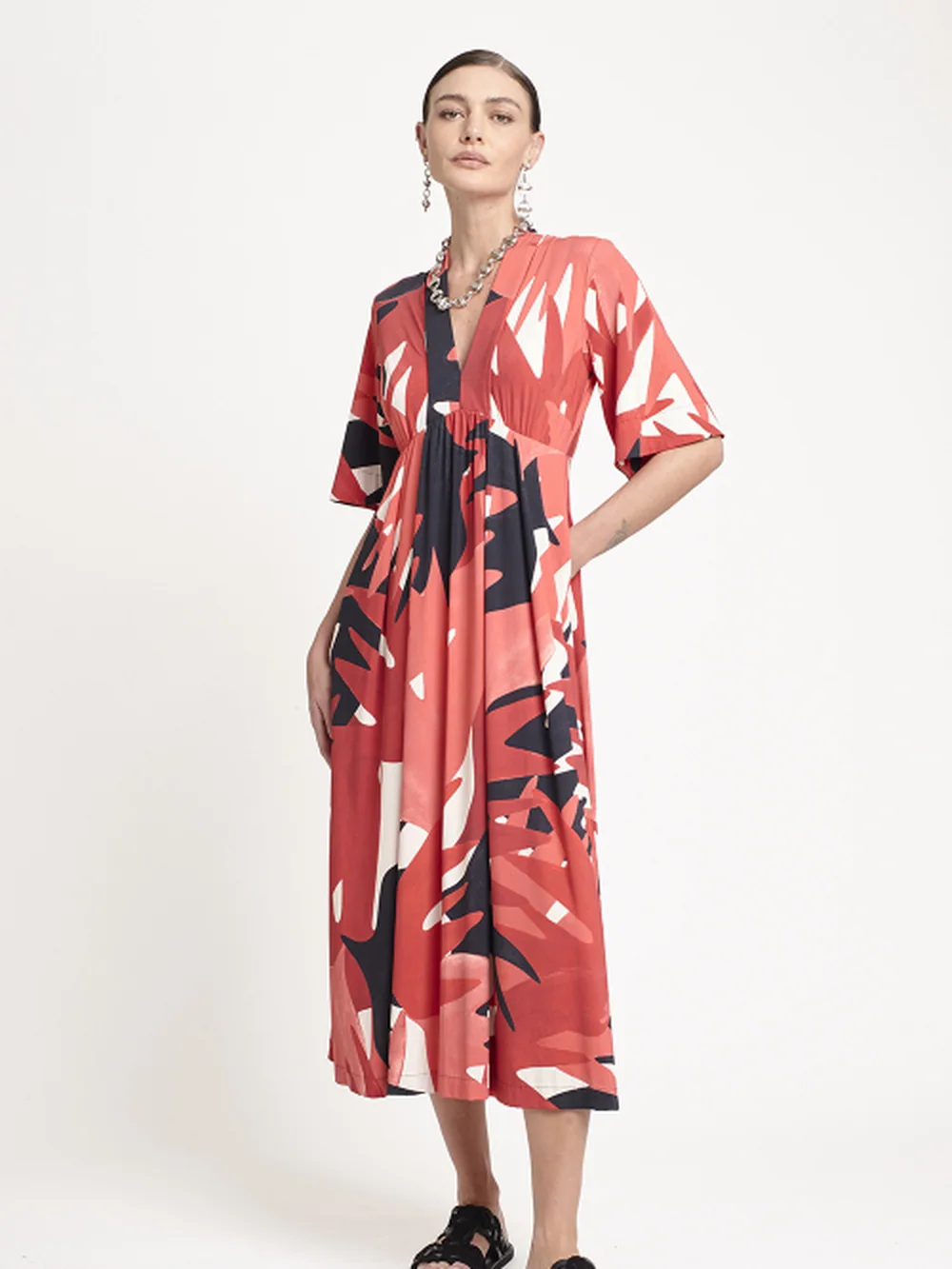 Vestido Jersey Est Passaro Macro Decote V — FIT