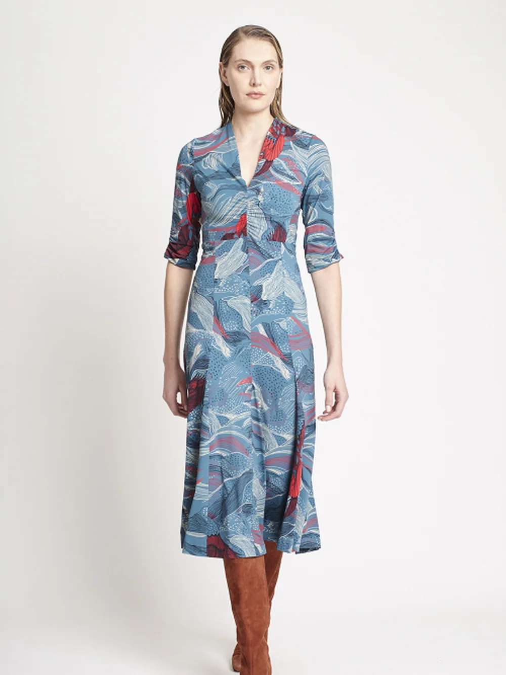 Vestido Jersey Est Pássaro Decote Drapeado — FIT